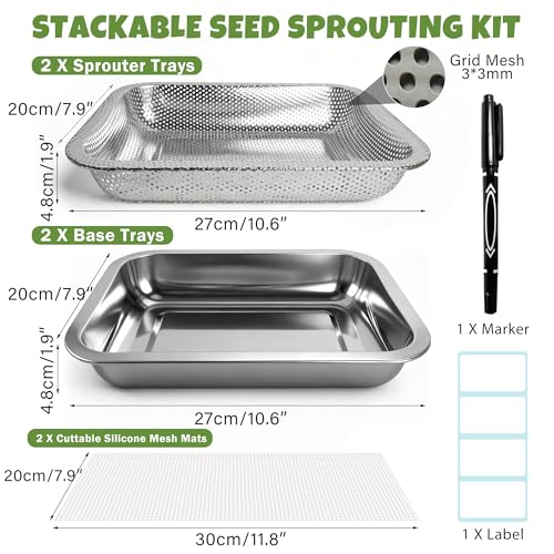 2 Pack Stainless Steel Seed Sprouter Trays, 2-Tier Soil-Free Microgreens Growing Kit, Rust-Free Sprouting Tray with Mesh Pads for Sprouts Beans Alfalfa Wheatgrass (10.6" x 7.9" x 1.9")
