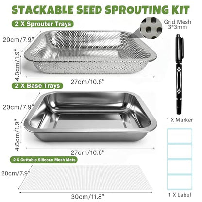 2 Pack Stainless Steel Seed Sprouter Trays, 2-Tier Soil-Free Microgreens Growing Kit, Rust-Free Sprouting Tray with Mesh Pads for Sprouts Beans Alfalfa Wheatgrass (10.6" x 7.9" x 1.9")