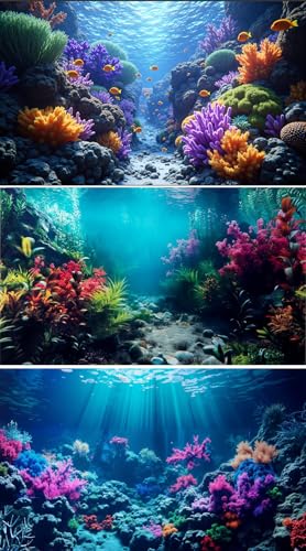 3 Pack Aquarium Background 48x18 inches Fabric Aquarium Background Fish Tank Undersea Corals Sunshines Rock Aquatic Plants