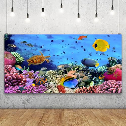 15x8ft Underwater Ocean Coral Reef Backdrop Under The Sea Tropical Fish Sea Turtle Marine Life Photography Background Seabed World Nature Scene Aquarium Decor Kids Portrait Photo Shoot Props - size: 15x8ft