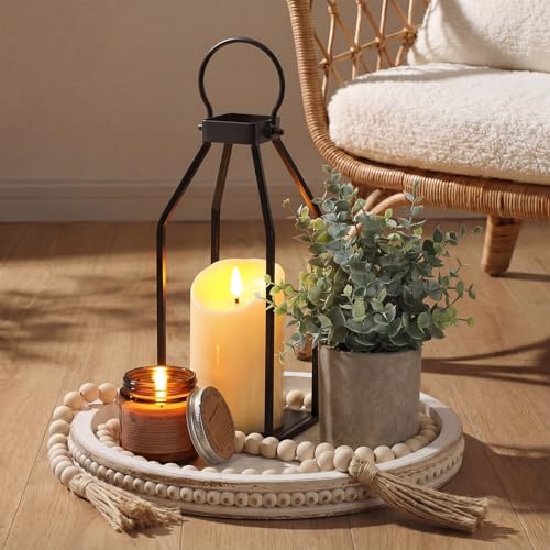 Novabright 6 Pcs Simple Lines Farmhouse Lantern Decor Set Candle Lanterns Decorative Indoor with Wooden Tray Bead Aromatherapy Candle Faux Plant Rustic Decor for Living Room Mantel Housewarming Gift - style: Simple Lines