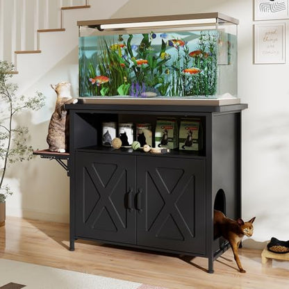40-50 Gallon Fish Tank Stand with Hidden Cat Litter Box Enclosure Furniture, Cat Viewing Aquarium Stand with Storage Shelf & Side Cat Perch, 36.2"x20.5" Tabletop, 660 LBS Capacity - color: Black