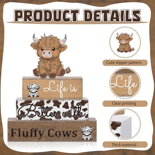4 Pcs Highland Cow Table Decorations Cow Wooden Signs Rustic Tiered Tray Decor Western Tabletop Centerpieces Farmhouse Highland Decor for Home Desk Room Kitchen Shelf - style: Cattle
