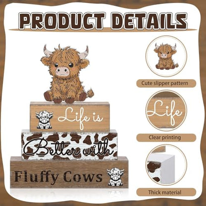 4 Pcs Highland Cow Table Decorations Cow Wooden Signs Rustic Tiered Tray Decor Western Tabletop Centerpieces Farmhouse Highland Decor for Home Desk Room Kitchen Shelf - style: Cattle