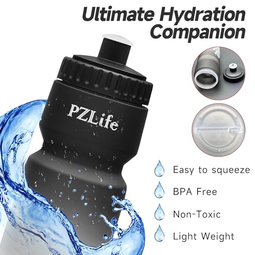 24oz Bike Water Bottle, Cycling Squeeze Water Bottle Leak Proof BPA Free | with Capacity Scale w/Pull Top Lid, Reusable, for Bicycle,Gym, School - color: y-Black+Black
