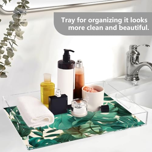 Acrylic Tray Clear Serving Vanity Ottoman Bathroom Coffee Table Countertop Organizer Raised Edge Spill Proof Green Retro Palm Leaves - color: Green Retro Palm Leaves