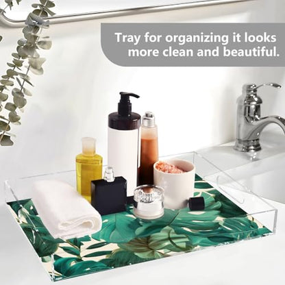 Acrylic Tray Clear Serving Vanity Ottoman Bathroom Coffee Table Countertop Organizer Raised Edge Spill Proof Green Retro Palm Leaves - color: Green Retro Palm Leaves