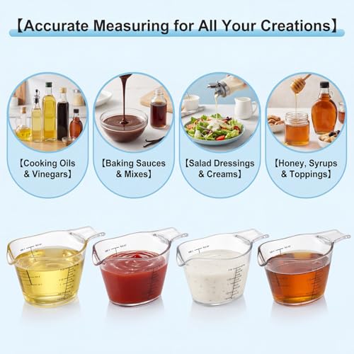 2 Pcs 2 Ounce Small Measuring Cups with V-Shaped Spout, 60ml Clear Mini Measuring Cup with tsp/Tbsp/oz/ml Markings, Clear Easy-Read Markings Scale for Kitchen, DIY Mixing, Beauty Mixings