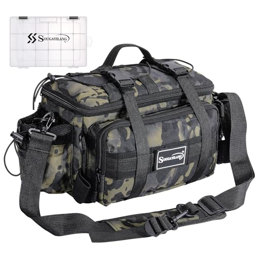 Sougayilang Fishing Tackle Bags with 3600 Tackle Tray - Fishing Tackle Storage Bags for Saltwater or Freshwater Fishing Gear - Padded Shoulder Strap - Tackle Box Bag Fishing Bag(Green) - color: Green with a 3600 Tackle Tray