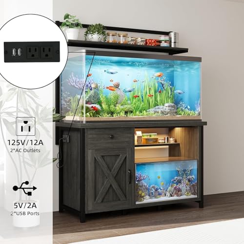 4ever2buy 55-75 Gallon Fish Tank Stand with Power Outlet, Led Light, Heavy Duty Aquarium Stand with Cabinet for Fish Tank Accessories Storage, Shelf, for Turtle Tank, Reptile Terrarium, 1100 LBS, Gray