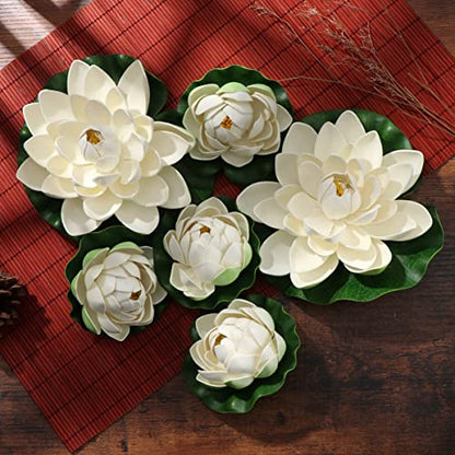 Ciieeo 6PCS Artificial Floating Lotus Flowers Realistic White Lotus & Water Lily Pads for Pool Patio Garden Aquarium Decor