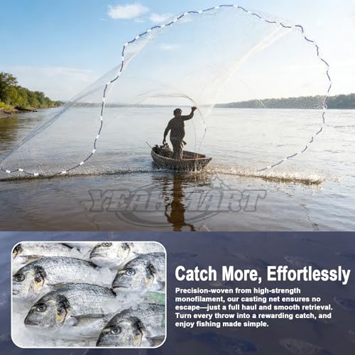 Yeahmart Handmade American Cast Net, 3ft-8ft Radius Casting Net for Saltwater & Freshwater, 3/8 Inch Mesh Monofilament Bait Trap Rust-Proof PVC Coated Sinkers, Easy Throw, Bucket & Repair Kit Included