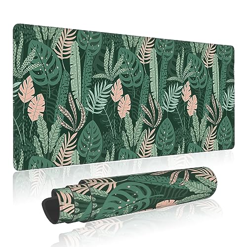 Extended Gaming Mouse Pad Abstract Tropical Leaves Large Mousepad with Stitched Edges,Anti-Slip Rubber Base Keyboard Mouse Mat Desk Pad for Gaming Home Office 35.4 x 15.7 inches - color: Abstract Tropical Leaves