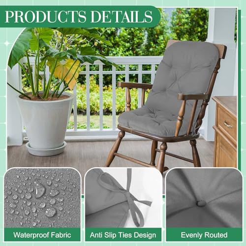 Drydiet 4 Set Outdoor High Back Chair Cushions 47 x 20 Inch Rocking Chair Cushions Waterproof Fade Resistant Comfort Replacement Seat Pads with Ties for Patio Lawn Yard Porch Home Office(Gray)