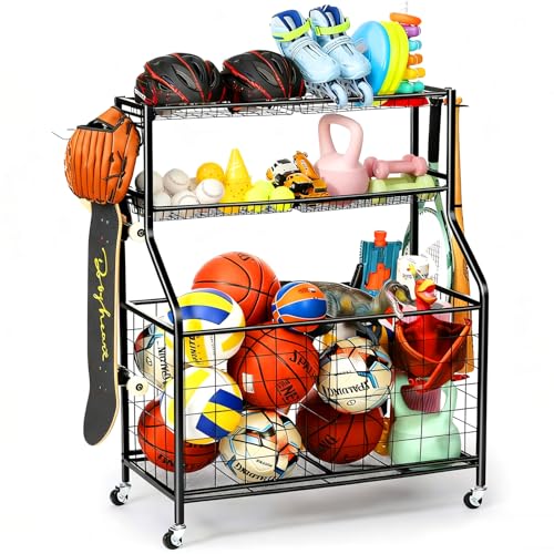 Kinghouse Sport Equipment Organizer for Garage, Steel Basketball Rack with Bat Holder and Hooks, Easy Assembly Storage for Balls, Kids' Toys, Workout Gear, Home Gym, Outdoor - color: Metal Bin