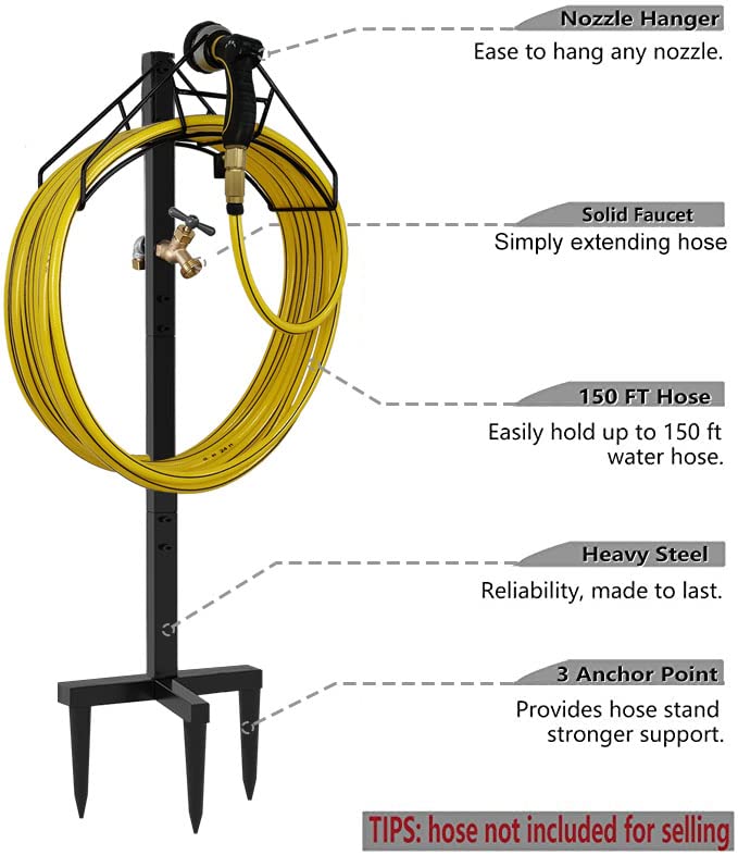 Freestanding Outdoor Garden Hose Holder Stand with Brass Faucet, Heavy Duty Metal Water Hose Reel Storage Stake Rack for Backyard, Black (Hose not Included) - color: Nozzle With Faucet