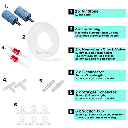Rhinox Aquarium Airline Tubing Set, Self-Assembly CO2 Diffuser Kit, 6-Feet Airline Tubing, 2 Air Stones and Check Valves, 4 Connectors, 6 Suction Cups