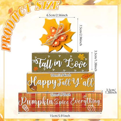 4 Pcs Thanksgiving Decorations Fall Wooden Sign Maple Leaves Thanksgiving Pumpkin Table Centerpiece Tiered Tray Decor Fall Wood Blocks Tiered Tray Decor Table Top Sign for Home - style: Maple Leaves