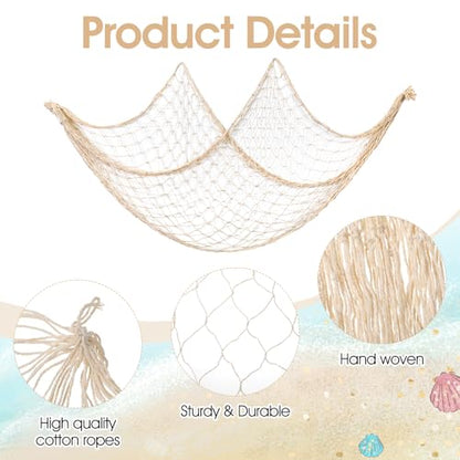 2 Pack Natural Fish Net Decorations for Party, Natural Cotton Hawaiian Party Fishing Net Decorative, Nautical Themed Cotton Fishnet Under The Sea Pirate Ocean Beach Halloween Decor