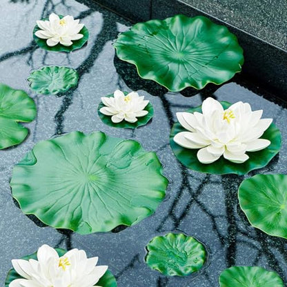 12pcs Floating Foam Lotus Flowers with Lily Pads, Artificial Pond Plants Ornaments for Pool Aquarium Water Decoration, White