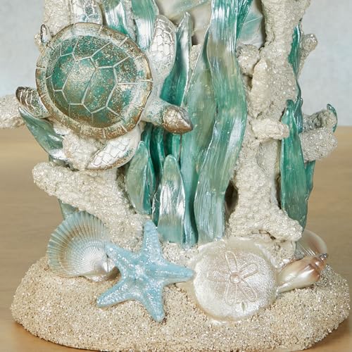 Touch of Class Coastal Seahorse & Sea Turtle Table Sculpture | Handpainted Pearlescent Metallic Ivory, Cool Blue, & Green Hues, Ocean Sealife, Coral Reef, & Seashells, Textured Sand Base