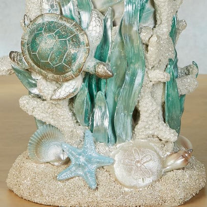 Touch of Class Coastal Seahorse & Sea Turtle Table Sculpture | Handpainted Pearlescent Metallic Ivory, Cool Blue, & Green Hues, Ocean Sealife, Coral Reef, & Seashells, Textured Sand Base
