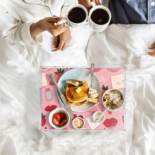 Acrylic Tray Clear Serving Vanity Ottoman Bathroom Coffee Table Countertop Organizer Raised Edge Spill Proof Pink Love Strawberries Hearts Letters - color: Pink Love Strawberries Hearts Letters