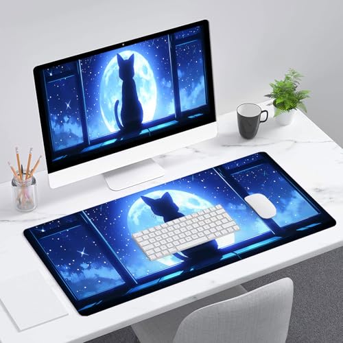 Anime Cat Desk Mat Gaming Mouse Pad Cartoon Cute Cat Looking Moon Large Gaming Mouse Mat with Stitched Edges,Non-Slip Waterproof Rubber Base Mous Mat Office Computer Keyboard Laptop Home 31.5"x11.8" - color: Anime Cat_007, size: 11.8" x 31.5"