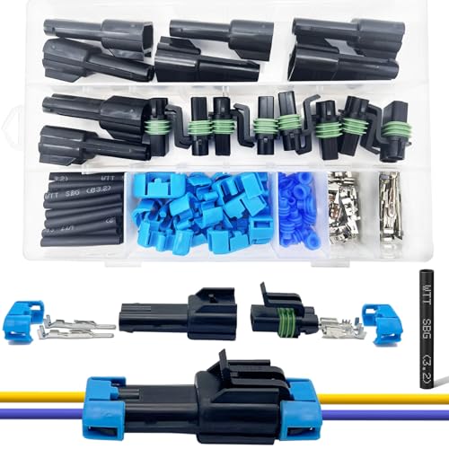 14-12 AWG 2 Pin Connector Weather Pack Connectors Kit 2 Wire Automotive Electrical Waterproof Connectors Plug Terminals with 32pcs Shrink Tubing Kit (8 Set) - size: 14-12AWG 8Set
