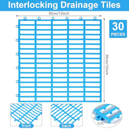 30 Pcs Anti-Slip Drainage Tiles Interlocking Shower Floor Mats 12" x 12" Soft TPE Bathroom Splicing Mats with Drain Holes for Pool, Deck, Garage & Pet Areas(Blue) - color: Blue