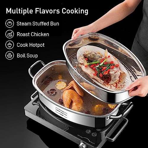 2-Tier Stainless Steel Fish Steamer - Multi-Use Square Steaming Cookware with Rack, Ceramic Plate, Chuck, Oven Mitts - Stockpot for Steaming Fish, Boiling Soup