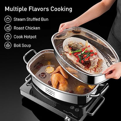 2-Tier Stainless Steel Fish Steamer - Multi-Use Square Steaming Cookware with Rack, Ceramic Plate, Chuck, Oven Mitts - Stockpot for Steaming Fish, Boiling Soup