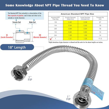 Plus Hot Water Heater Hose with 1" (Female Iron Pipe),18" length Flexible Corrugated Flexible Pipes,Replacement Flex Lines Connector (Large Caliber Tube-Inner Diameter 0.95") - size: 1"FIPx1"FIP, 18"L(0.92"ID)