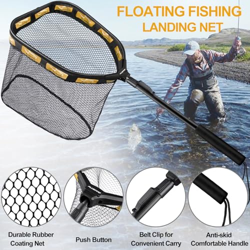 PLUSINNO Floating Fishing Net for Steelhead, Salmon, Fly, Kayak, Catfish, Bass, Trout Fishing, Rubber Coated Foldable Landing Net with Fixed or Telescoping Pole Handle, Fishing Gear and Gifts for Men