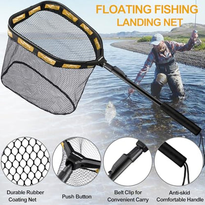 PLUSINNO Floating Fishing Net for Steelhead, Salmon, Fly, Kayak, Catfish, Bass, Trout Fishing, Rubber Coated Foldable Landing Net with Fixed or Telescoping Pole Handle, Fishing Gear and Gifts for Men