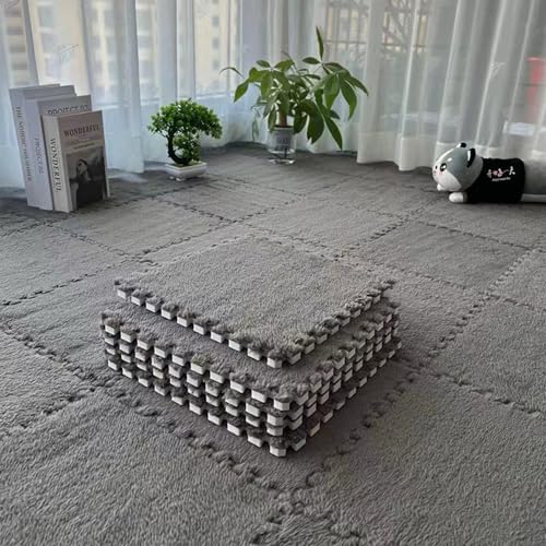 Interlocking Carpet Shaggy Soft EVA Foam Mats Fluffy Square Thickened Plush Tiles Protective Floor Tiles Exercise Play Mat for Children Kids Room Home Parlor Bedroom (Grey, 12 Pcs) - color: Grey