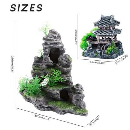 Saim Large Aquarium Decor Set - Resin Castle & Mountain Stone, 2Pack | Resin Castle and Mountain View Stone Ornament, Fish Tank Rock Decor & Aquatic Plant Background, Freshwater/Saltwater Tanks