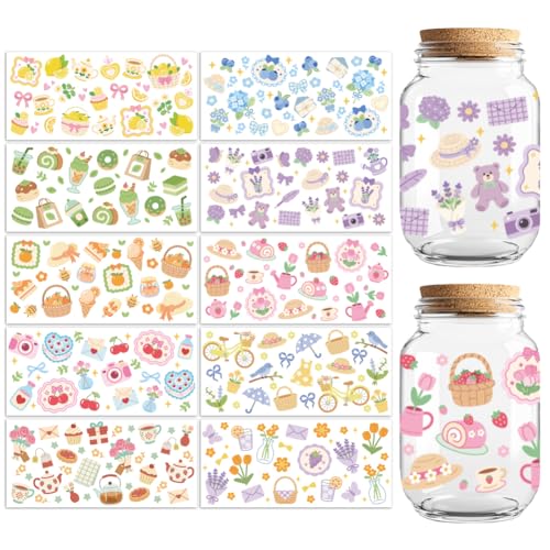 Peacoblue UV DTF Cup Wraps Transfer Stickers Picnic Fruits and Flowers Pattern, 10 Sheets Waterproof Custom Vinyl Transfer Sticker 16oz Coffee Glass Cup Tumbler Bottle Mug Decals for Men Women