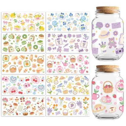Peacoblue UV DTF Cup Wraps Transfer Stickers Picnic Fruits and Flowers Pattern, 10 Sheets Waterproof Custom Vinyl Transfer Sticker 16oz Coffee Glass Cup Tumbler Bottle Mug Decals for Men Women