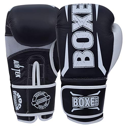Boxing Gloves | Genuine Cowhide Real Leather | Muay Thai, Kickboxing, Sparring & Training | Pro Punching Gloves for Men & Women - color: BLACK/WHITE, size: 8OZ