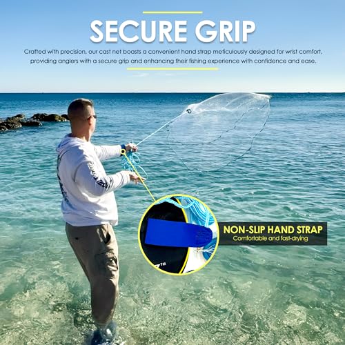 American Cast Fishing Net for Bait Trap Fish: 4ft/ 6ft/ 8ft Sizes for Saltwater & Freshwater Fishing - Enhanced with Heavy-Duty Zinc Sinker Weights - size: Large