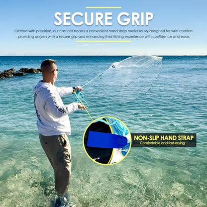 American Cast Fishing Net for Bait Trap Fish: 4ft/ 6ft/ 8ft Sizes for Saltwater & Freshwater Fishing - Enhanced with Heavy-Duty Zinc Sinker Weights - size: Large