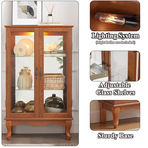 43" H Lighted Curio Cabinet Display Case with Light Bulb, Glass Curio Cabinet with Adjustable Shelves & Tempered Glass Door, Wooden Cabinets w/Mirrored Back Pane for Living Room(Oak)