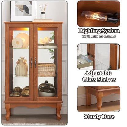 43" H Lighted Curio Cabinet Display Case with Light Bulb, Glass Curio Cabinet with Adjustable Shelves & Tempered Glass Door, Wooden Cabinets w/Mirrored Back Pane for Living Room(Oak)
