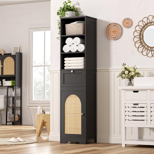 FiveWillowise 67"H Bathroom Storage Cabinet with Rattan Doors and Slide Storage, Tall Narrow Standing Tower Cabinet with Adjustable Shelves, Small Bathroom Floor Organizer for Entryway, Kitchen, Black