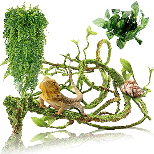 Reptile Plants Bendable Jungle Climbing Vine Terrarium Branch Flexible Plastic Leaves Hanging Pet Habitat Decoration for Bearded Dragon Lizard Gecko Frog Snake Tank Accessories Decor