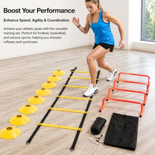 predolo Agility Ladder Speed Training Kit, Soccer Training Equipment Set, PP Rung Agility Ladder Synthetic Material Disc Cones with Storage Bag, Training Set Type a Training S