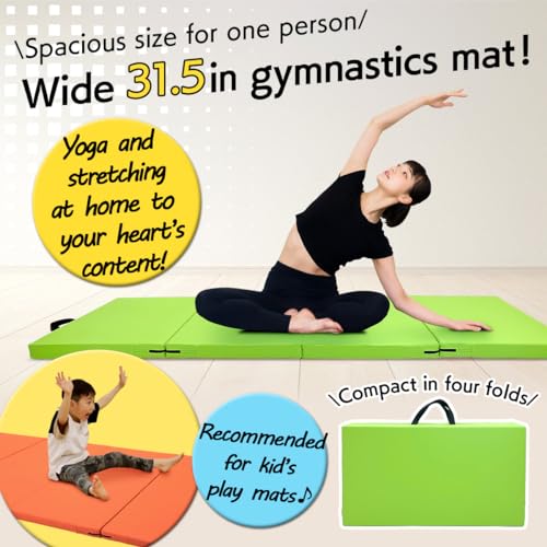 KaRaDaStyle Gymnastics Mat Folding Stretch Mats 71"x31"x2" Exercise Muscle Training Children Play Horizontal Bar Mat Yoga Sports Soundproof Home Use - color: Green/4-fold