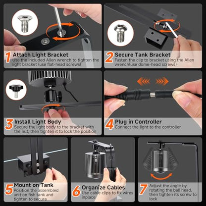 fishkeeper Clip On Aquarium Light, 24/7 Fish Tank Light with Timer, DIY 3 Colors & 10 Brightness Full Spectrum Aquarium LED Lights with Adjustable Metal Clamp for Freshwater Plants Fish Tanks (100W)