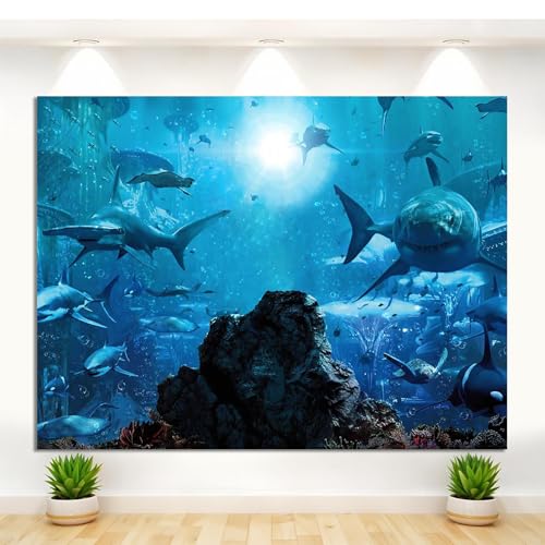 9x6ft Fabric Shark Theme Backdrop Deep-sea Ocean Shark Reef Aquarium Photography Background Birthday Theme Party Decoration Banner Kid Diver Portrait Photo Studio Props - size: 9x6 FT